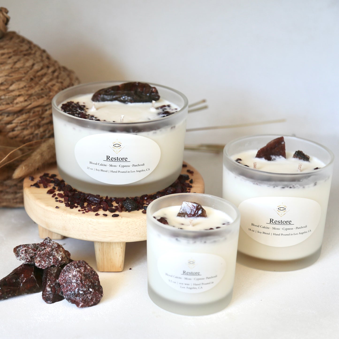 Restore Intention Candle: Bloodstone + Ruby Crystals