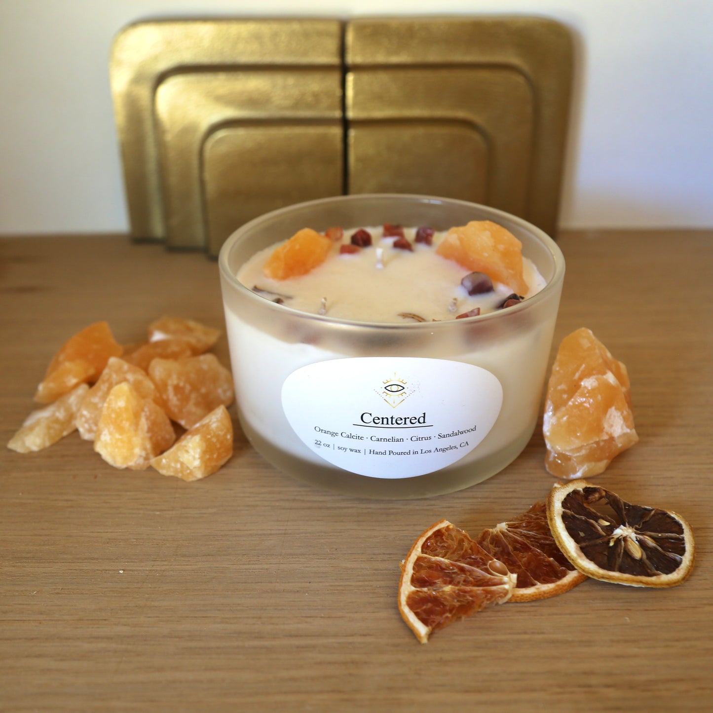 Centered Intention Candle: Orange Calcite + Carnelian Crystals