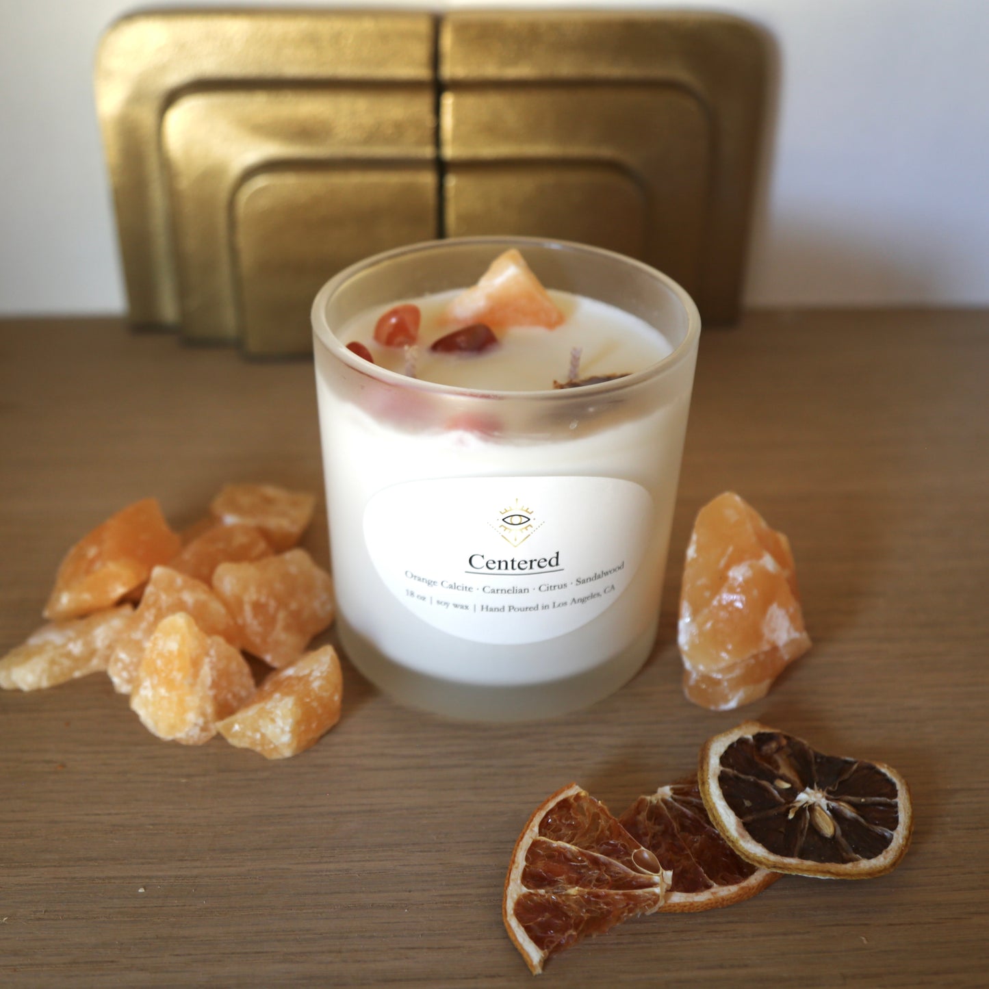 Centered Intention Candle: Orange Calcite + Carnelian Crystals