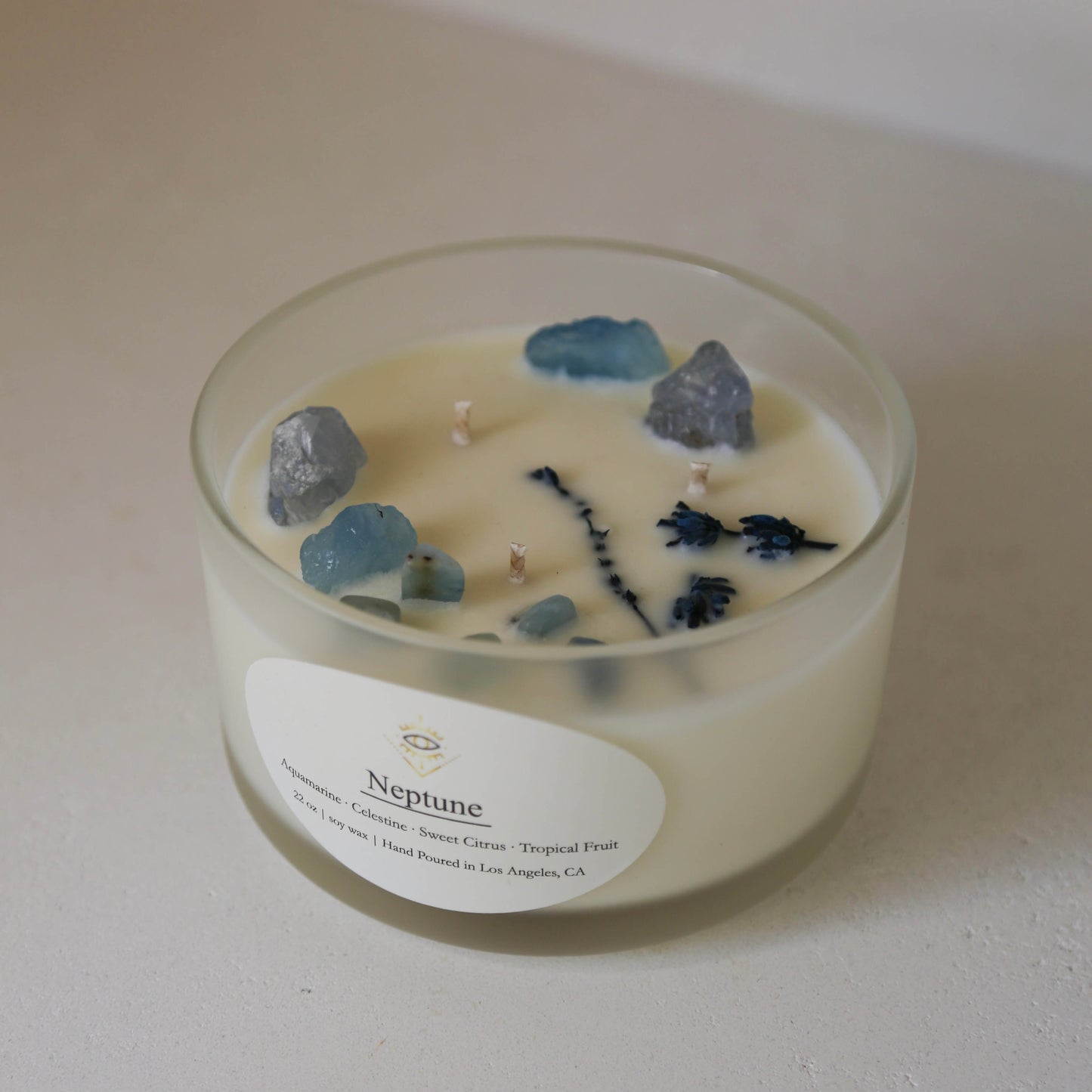 Neptune Intention Candle: Aquamarine + Celestine Crystals