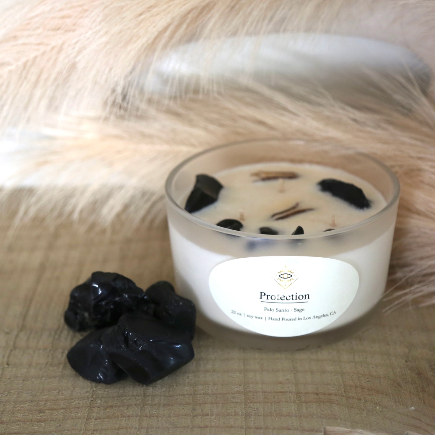 Protection Intention Candle: Obsidian + Palo Santo & Sage