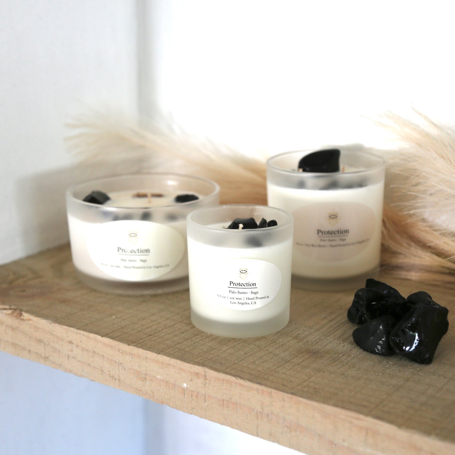 Protection Intention Candle: Obsidian + Palo Santo & Sage